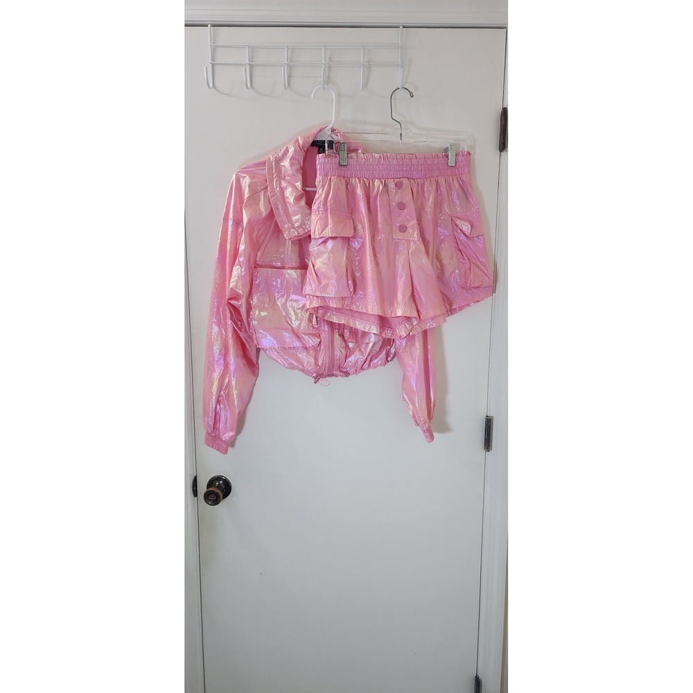 C'est Toi Pink Iridescent Holographic Windbreaker Jacket & Shorts Set JA4103R M